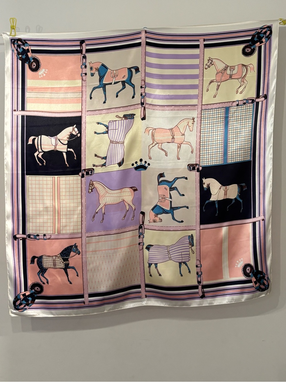 Equestrian Horse Print Silk Feel Square Scarf Pink Purple Navy Belt Buckle